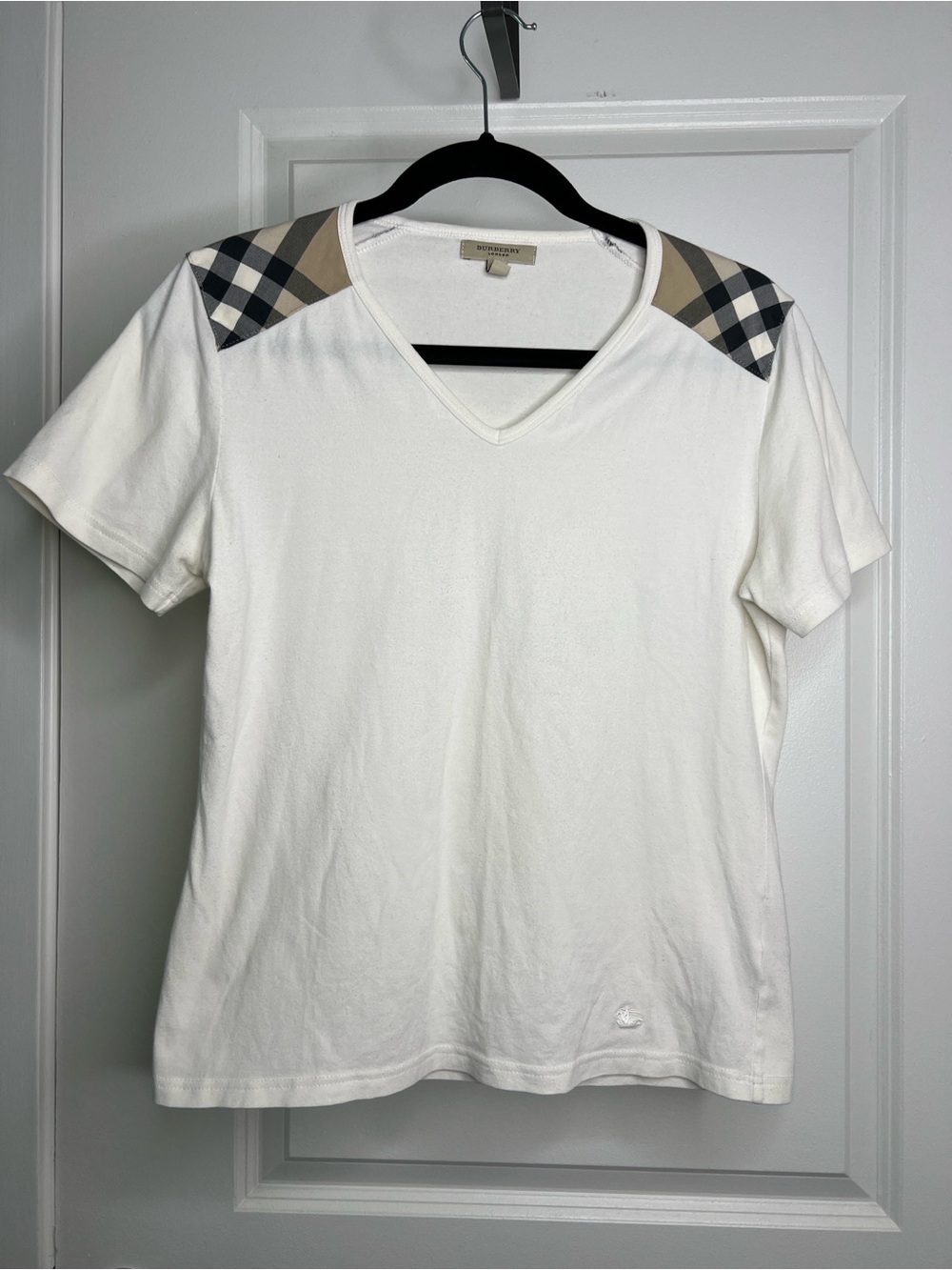 Burberry London Vintage Check Shoulder White Cotton Crew Neck T-Shirt Large